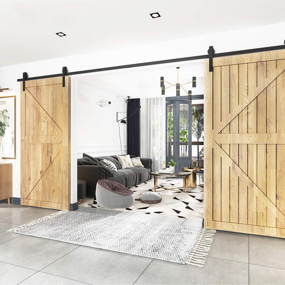 9 ft./108 in. Black Steel Sliding Barn Door Track and Hardware Kit for Double Doors with Floor Guide - Super Arbor