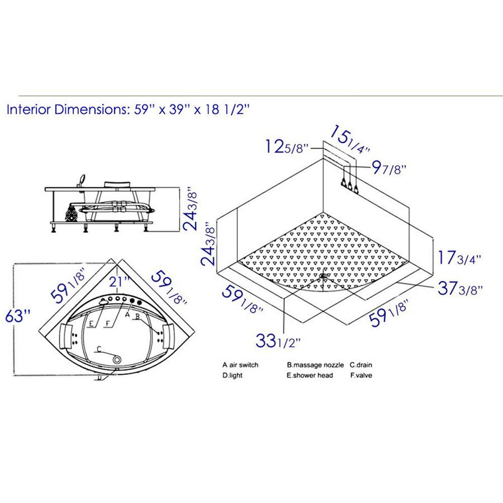 59 in. Acrylic Offset Drain Corner Apron Front Whirlpool Bathtub in White - Super Arbor