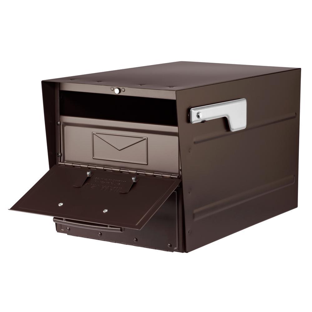 Oasis Eclipse Rubbed Bronze Post Mount Locking Parcel Mailbox with Silver Flag - Super Arbor