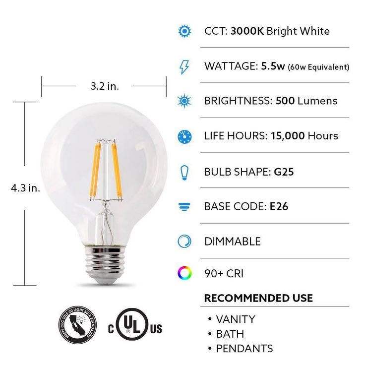 Feit Electric 60-Watt Equivalent G25 Dimmable Filament ENERGY STAR Clear Glass LED Light Bulb, Bright White 3000K (12-Pack)
