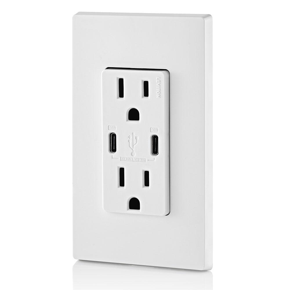 15 Amp 125-Volt Tamper-Resistant Duplex Outlet/30-Watt 6 Amp USB Dual Type-C with Power Delivery In-Wall Charger, White - Super Arbor