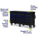 72 in. x 20 in. 16-Drawer Roller Cabinet Tool Chest with Power and USB Outlets in Black and Blue - Super Arbor