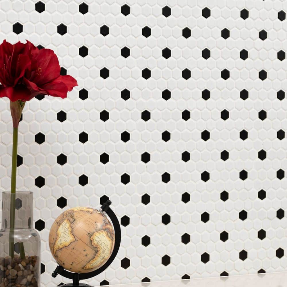 MSI Adelaide Hexagon Black and White Dot 10.16 in. x 11.71 in. Matte Porcelain Floor and Wall Mosaic Tile (12.45 sq. ft./Case)