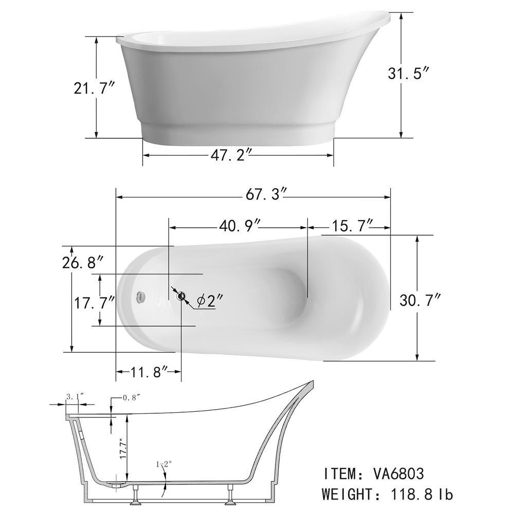 Cannes 67 in. Acrylic Flatbottom Freestanding Bathtub in White - Super Arbor