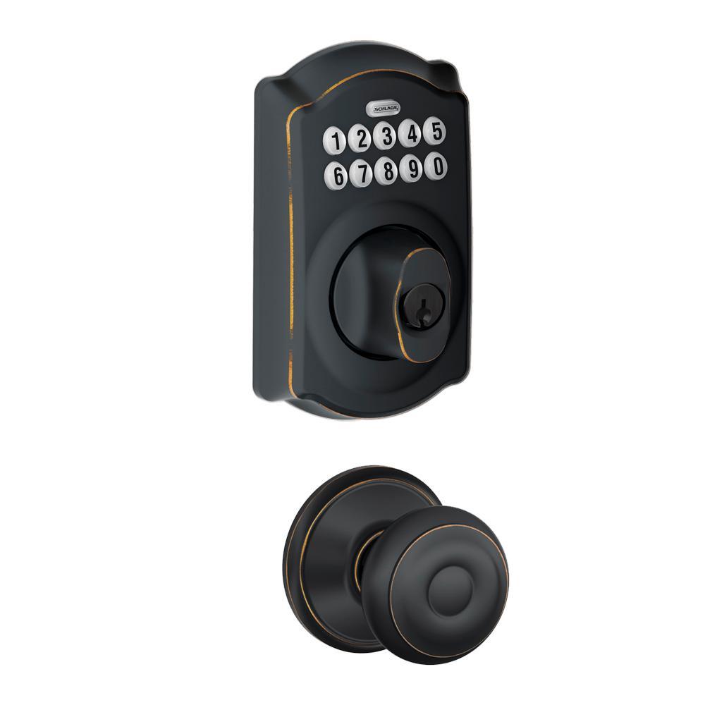 Camelot Keypad Electronic Door Lock Deadbolt and Georgian Knob in Aged Bronze - Super Arbor