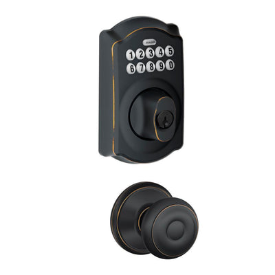 Camelot Keypad Electronic Door Lock Deadbolt and Georgian Knob in Aged Bronze - Super Arbor