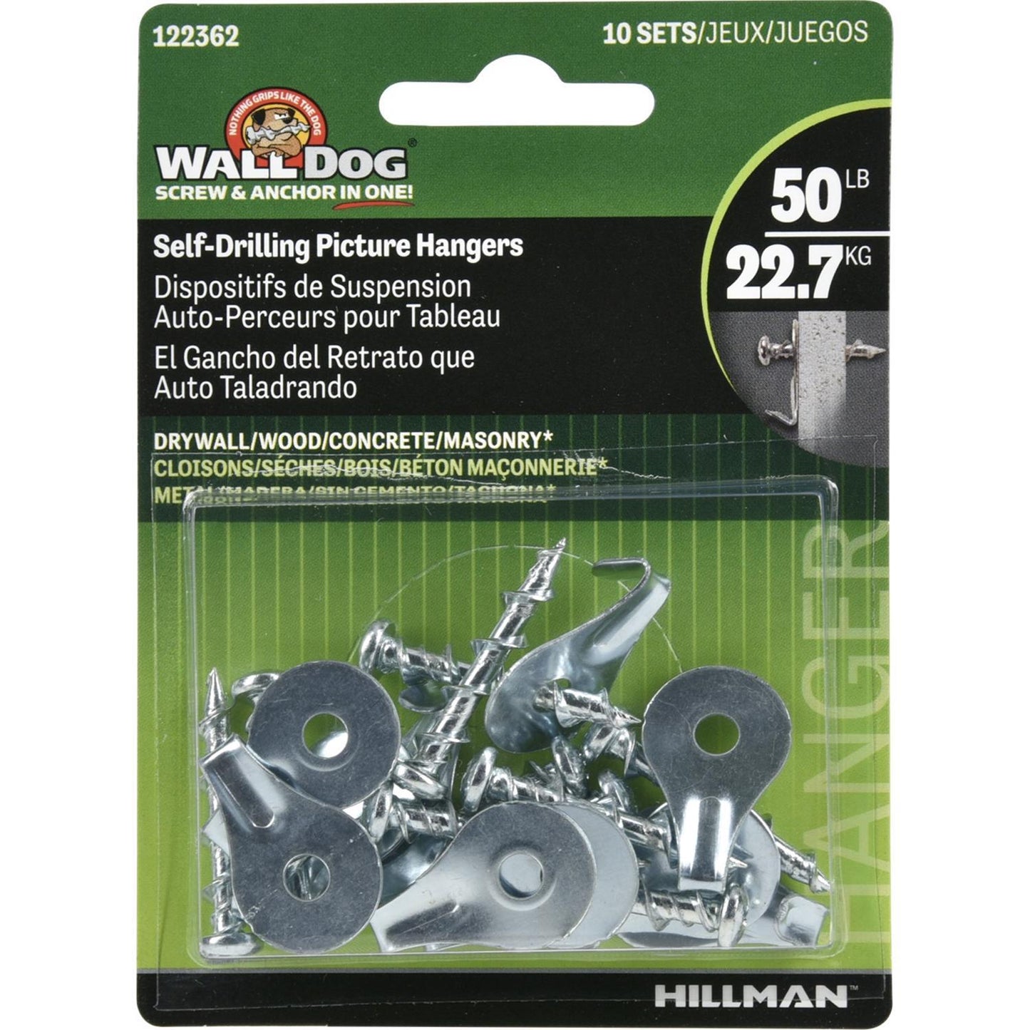 Hillman Wall Dog Chrome/Gold Self-Drilling Picture Hangers, 50 lb Capacity, 10 Pack