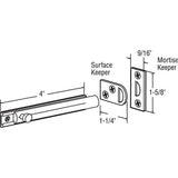 Surface Bolt, 4 in., Solid Brass Construction, Satin Nickel Finish, 2 Keepers - Super Arbor