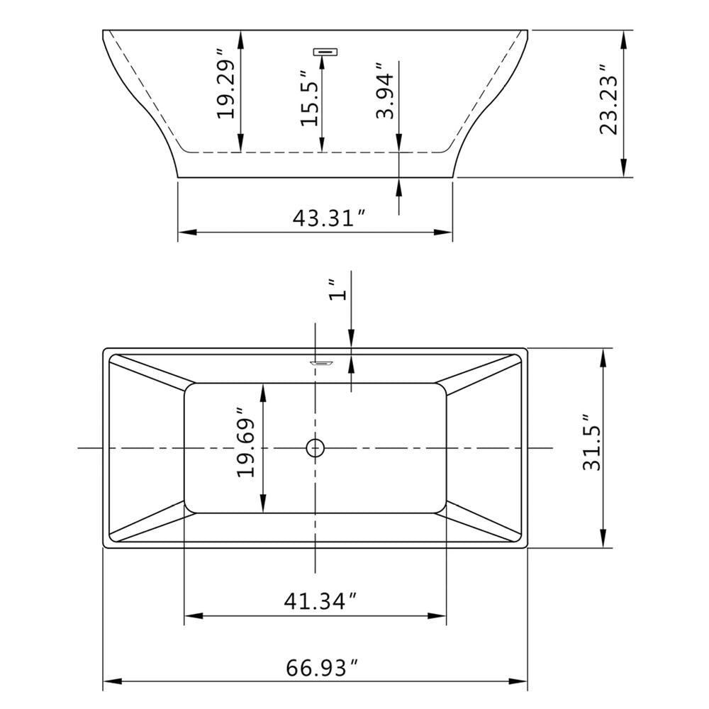 67 in. Acrylic Center Drain Rectangular Double Ended Flatbottom Freestanding Bathtub in Glossy White - Super Arbor