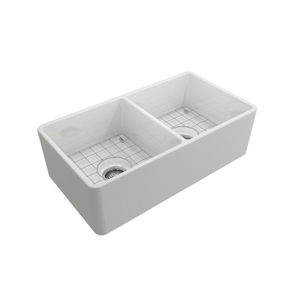 Farmhouse Apron-Front Fireclay 33 in. Double Bowl Kitchen Sink in White with Grid Set - Super Arbor