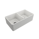 Farmhouse Apron-Front Fireclay 33 in. Double Bowl Kitchen Sink in White with Grid Set - Super Arbor