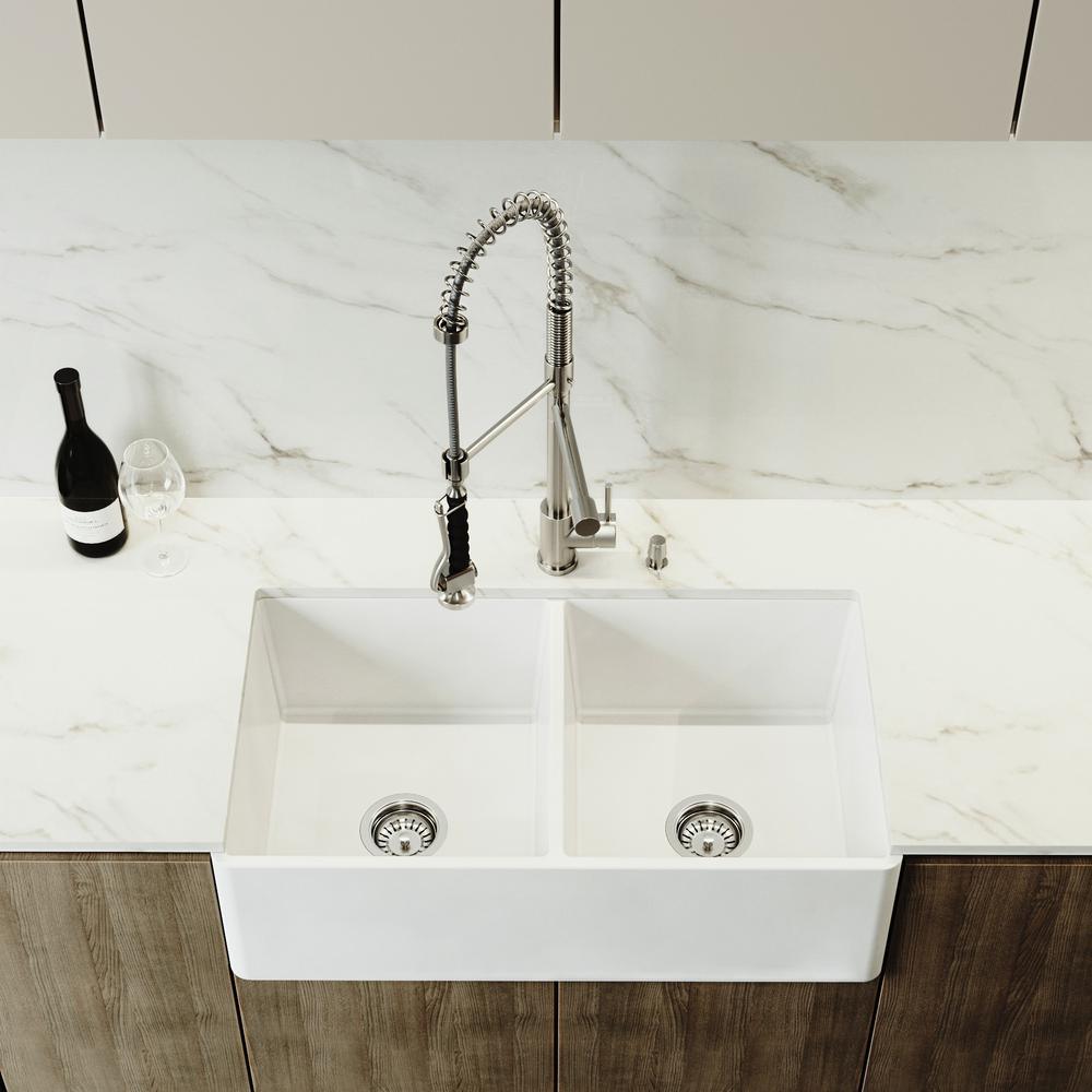 Matte Stone White Composite 33 in. Double Bowl Reversible Flat Farmhouse Apron-Front Kitchen Sink with 2 Strainers - Super Arbor