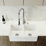 Matte Stone White Composite 33 in. Double Bowl Reversible Flat Farmhouse Apron-Front Kitchen Sink with 2 Strainers - Super Arbor