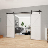 10 ft./120 in. Black Steel Straight Strap Sliding Barn Door Track and Hardware Kit for Double Doors with Floor Guide - Super Arbor