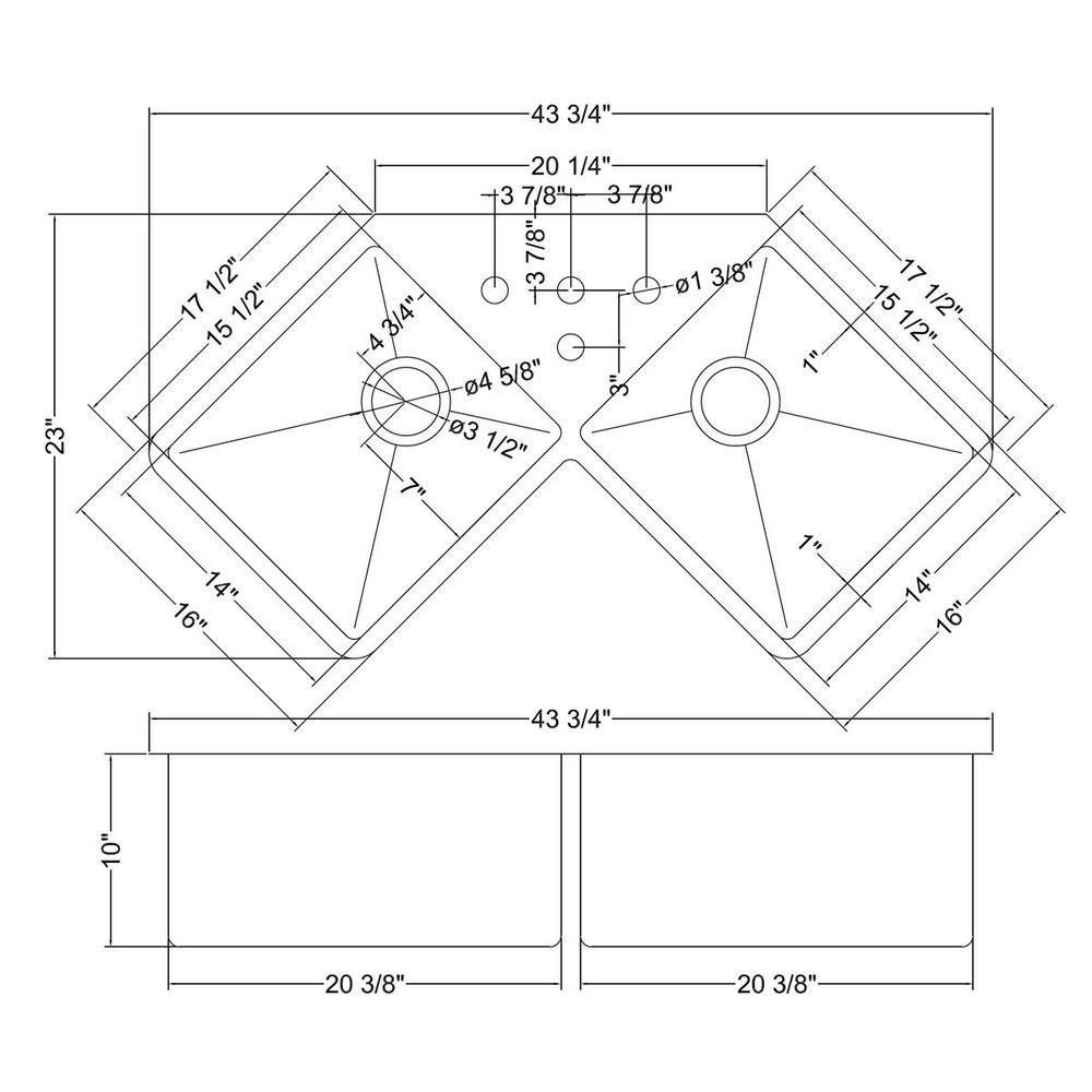 50/50 Undermount 16-Gauge Stainless Steel 44 in. Corner Butterfly Double Bowl Kitchen Sink - Super Arbor