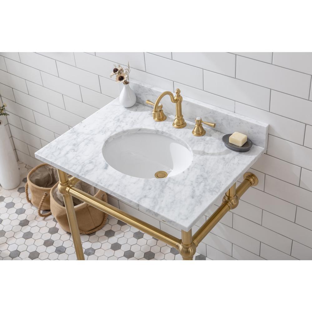 Embassy 30 in. Brass Wash Stand with Satin Brass P-Trap Kit, Faucet, Marble Counter Top, and White Basin - Super Arbor