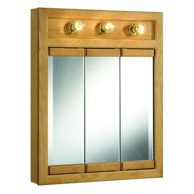 Richland 24 in. W x 30 in. H x 5 in. D Framed 3-Light Tri-View Surface-Mount Bathroom Medicine Cabinet in Nutmeg Oak - Super Arbor