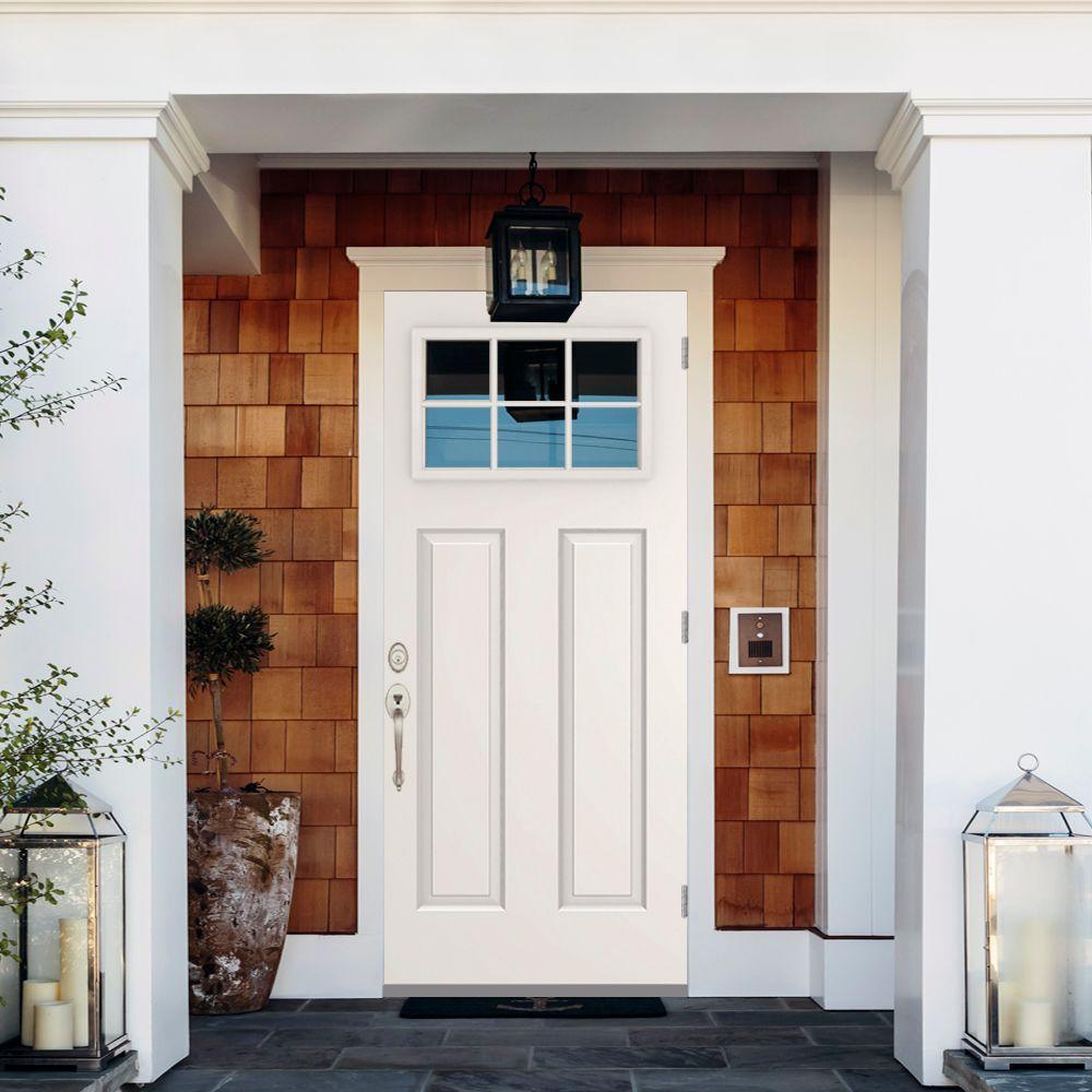 36 in. x 80 in. 6 Lite Left-Hand Outswing Primed White Steel Prehung Front Door with 4 in. Wall - Super Arbor