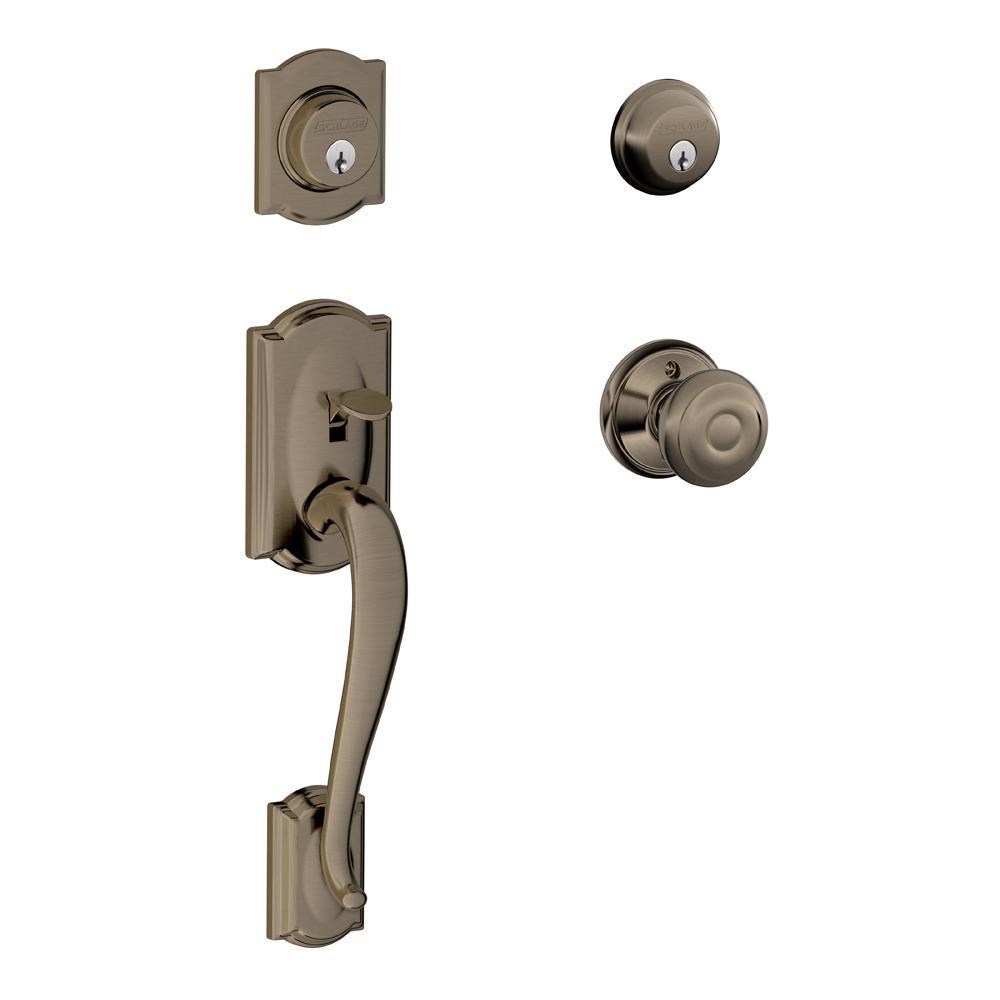 Camelot Satin Nickel Double Cylinder Deadbolt with Georgian Knob Door Handleset - Super Arbor