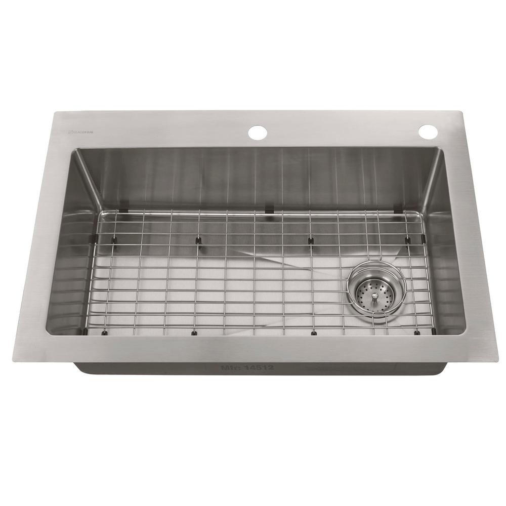 Tight Radius Stainless Steel 33 in. 18-Gauge 2-Hole Single Bowl Dual Mount Kitchen Sink with Grid and Strainer - Super Arbor
