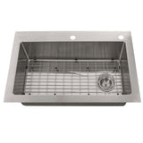Tight Radius Stainless Steel 33 in. 18-Gauge 2-Hole Single Bowl Dual Mount Kitchen Sink with Grid and Strainer - Super Arbor