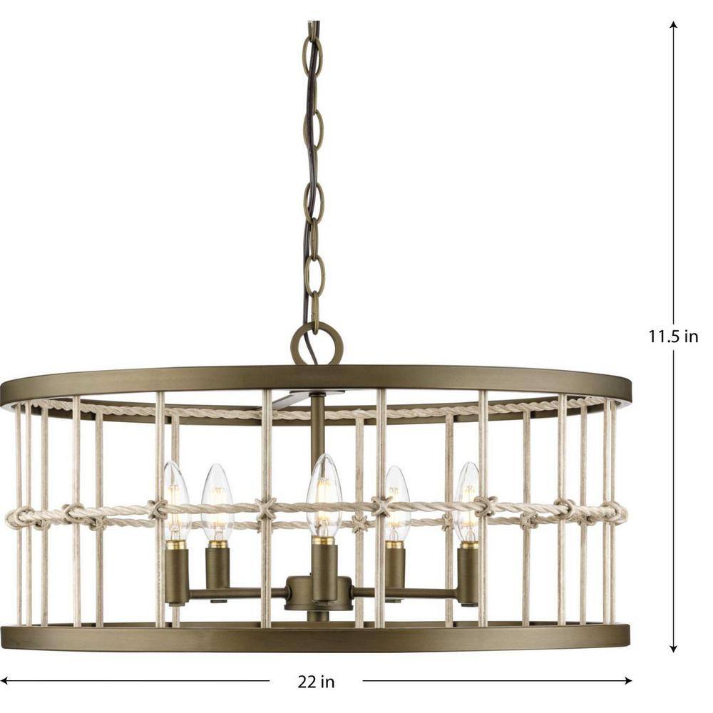 Progress Lighting Lattimore Collection 22 in. 5-Light Aged Brass Coastal Chandelier
