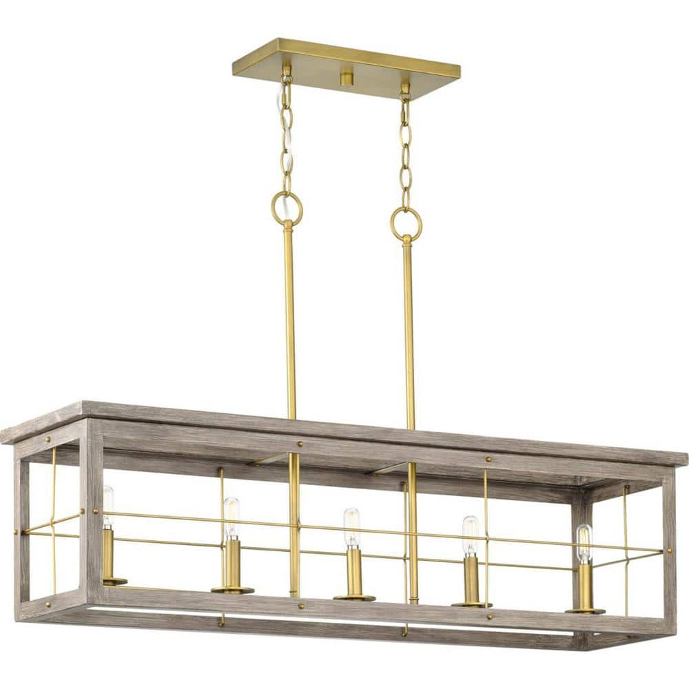 Progress Lighting Hedgerow Collection 5-Light Aged Oak Farmhouse Linear Island Chandelier Light