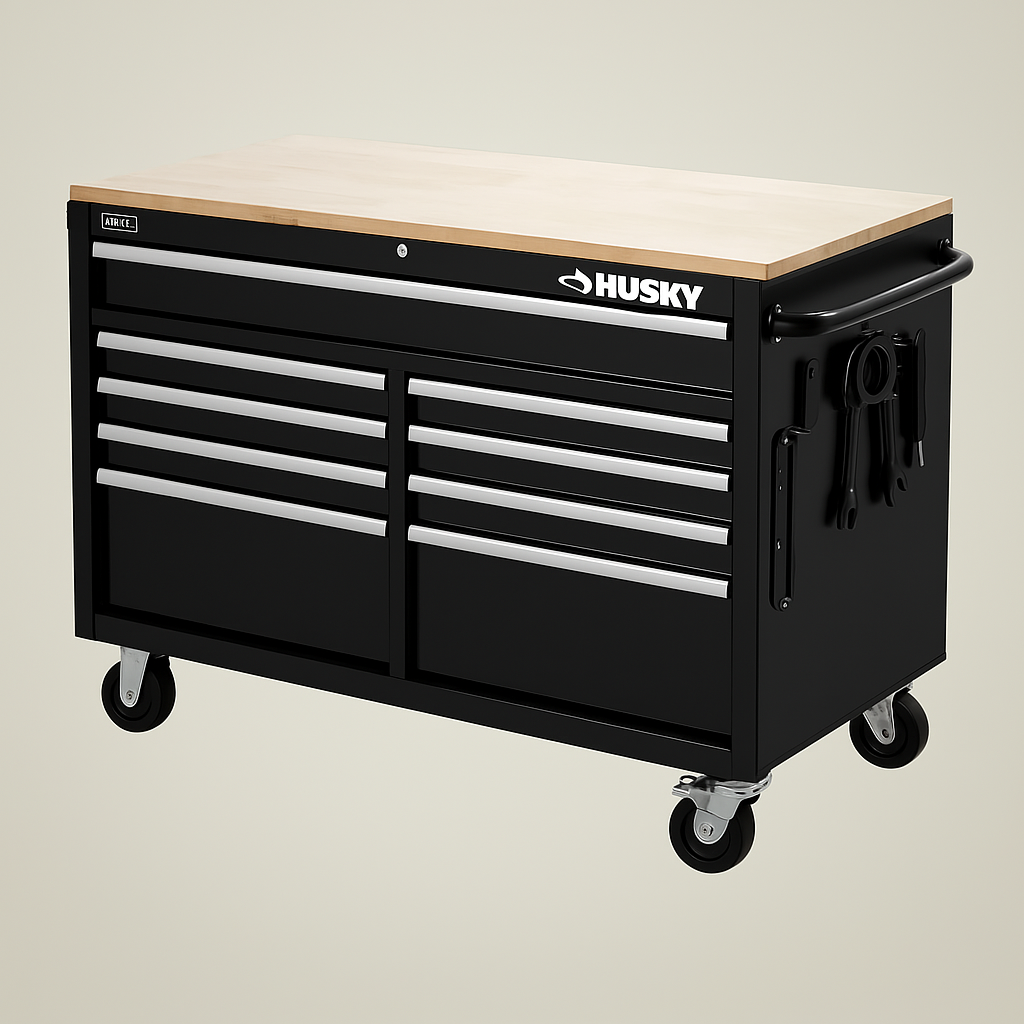 Husky 46 in. W 9-Drawer Mobile Workbench in Gloss Black with Hardwood Top