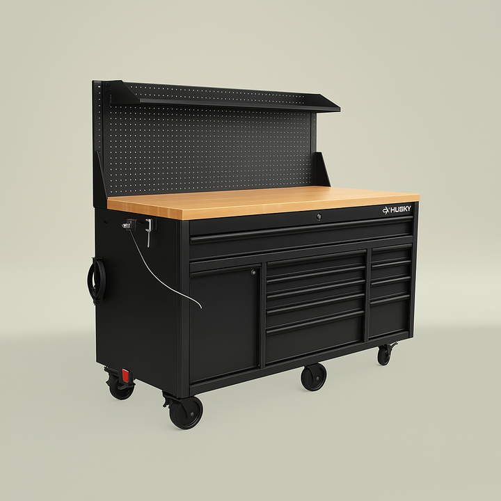 Husky 61 in. Heavy Duty 10-Drawer 1-Door Mobile Workbench with Hardwood Top, Pegboard & Shelf - Matte Black