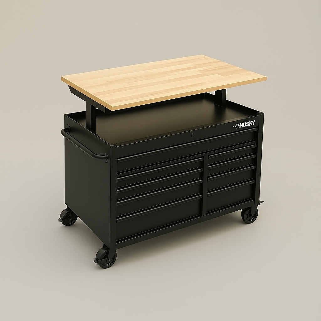 Husky 52 in. Heavy Duty 9-Drawer Adjustable Height Mobile Workbench Cabinet with Hardwood Top, Matte Black