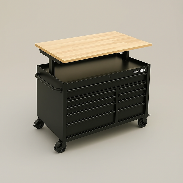 Husky 52 in. Heavy Duty 9-Drawer Adjustable Height Mobile Workbench Cabinet with Hardwood Top, Matte Black