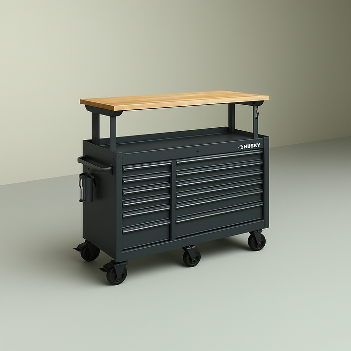 Husky 62 in. Heavy Duty Matte Black Mobile Workbench Cabinet with Adjustable Height Wood Top