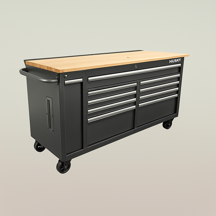 Husky 61-inch Mobile Workbench with 10 Drawers and Sliding Bin Storage