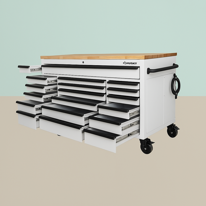 Husky Adjustable Height Mobile Workbench Cabinet - 72 in. Matte White