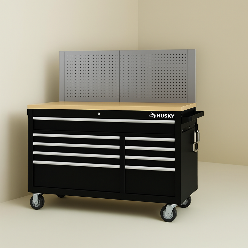 Husky 52" Mobile Workbench with Pegboard and Solid Wood Top