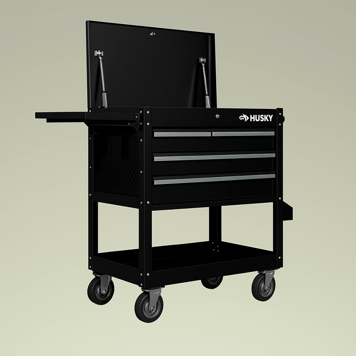 Husky Tool Storage 33 in. W Mechanics Cart with Extended Side Table and Bottle Tray