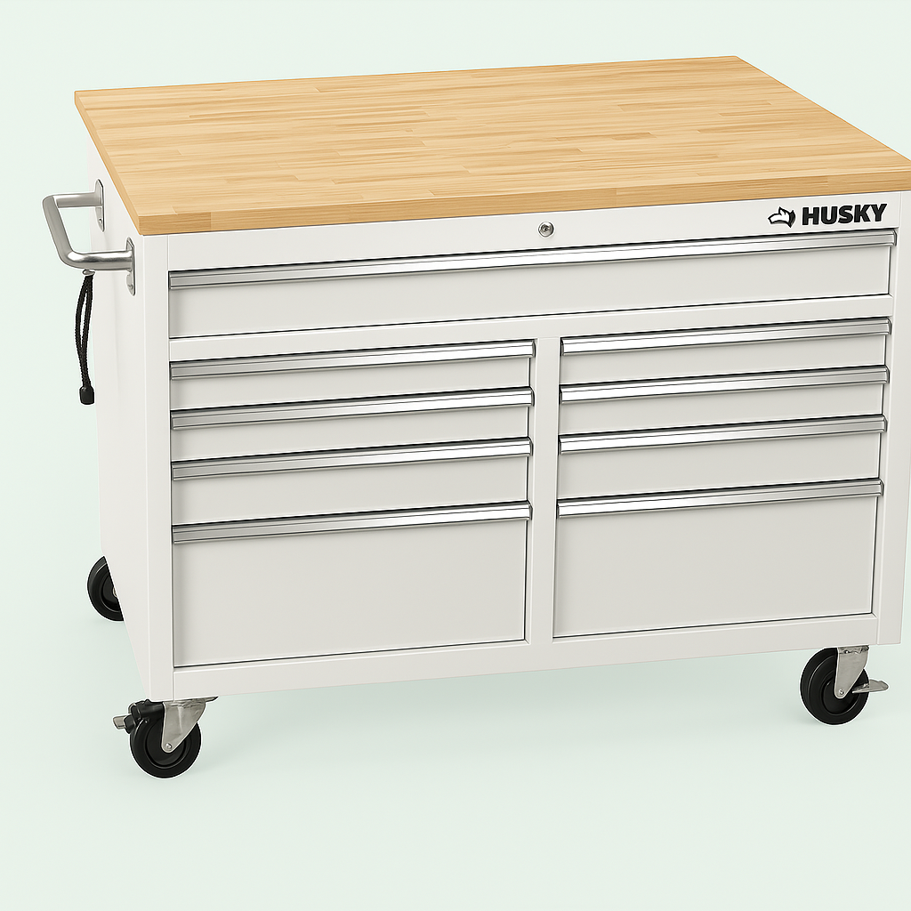 Husky 46 in. Gloss White Mobile Workbench Cabinet with Solid Wood Top