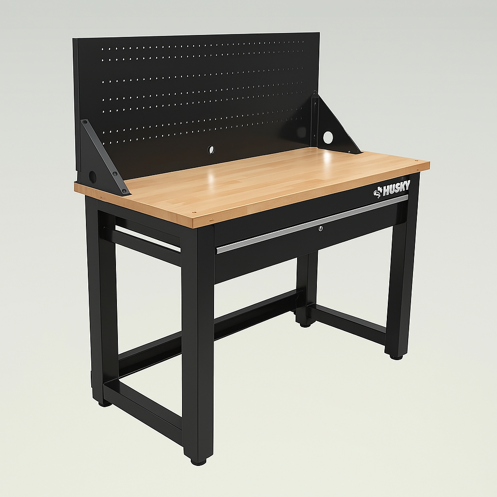 Husky 48" Black Workbench with Pegboard & Solid Wood Top