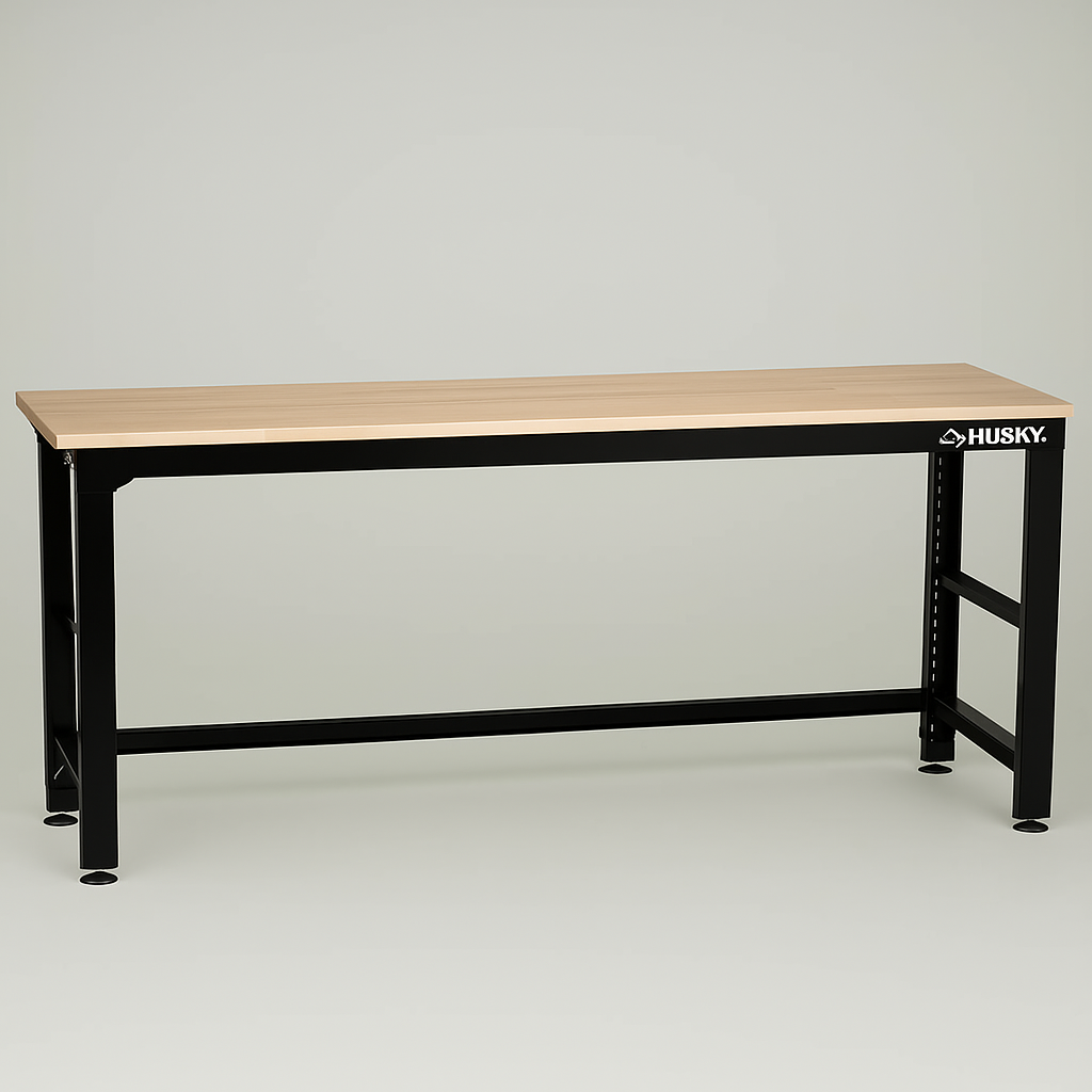 Husky 8 ft. Adjustable Height Solid Wood Top Workbench, Black Steel Frame, 3000 lb Capacity