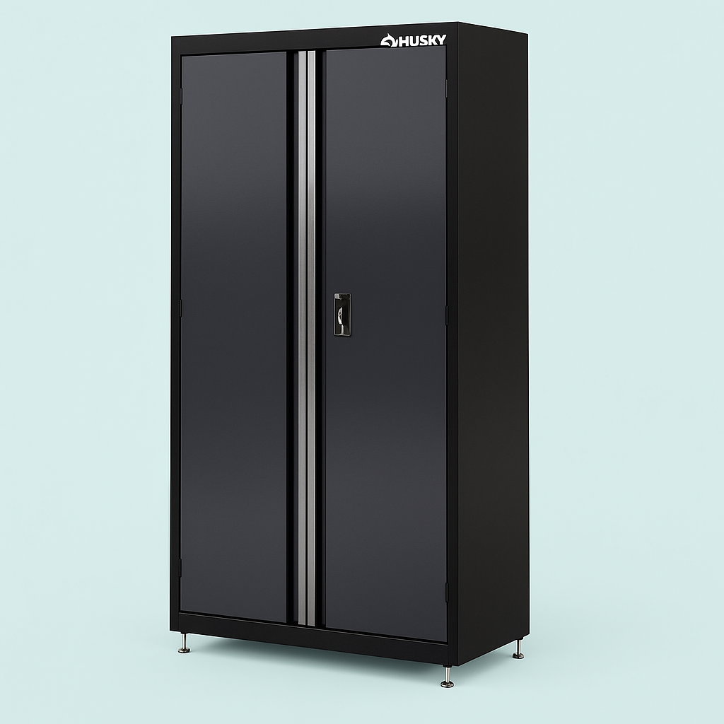 Husky Welded Steel Floor Cabinet, 36 in. W x 72 in. H x 18 in. D, Black/Gray, 3-Shelf, Lockable, Pre-Assembled