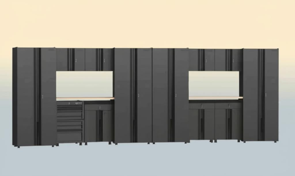 Husky 14-Piece Regular Duty Welded Steel Garage Storage System, Black, 218 in. W x 75 in. H x 19.6 in. D