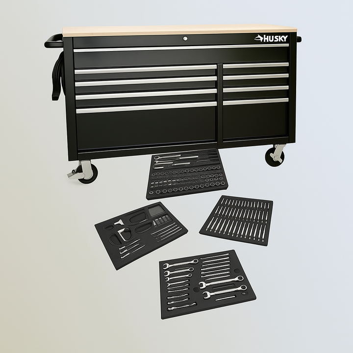 Husky 52 in. 9-Drawer Gloss Black Mobile Workbench Tool Chest with 320-Piece Mechanics Tool Set