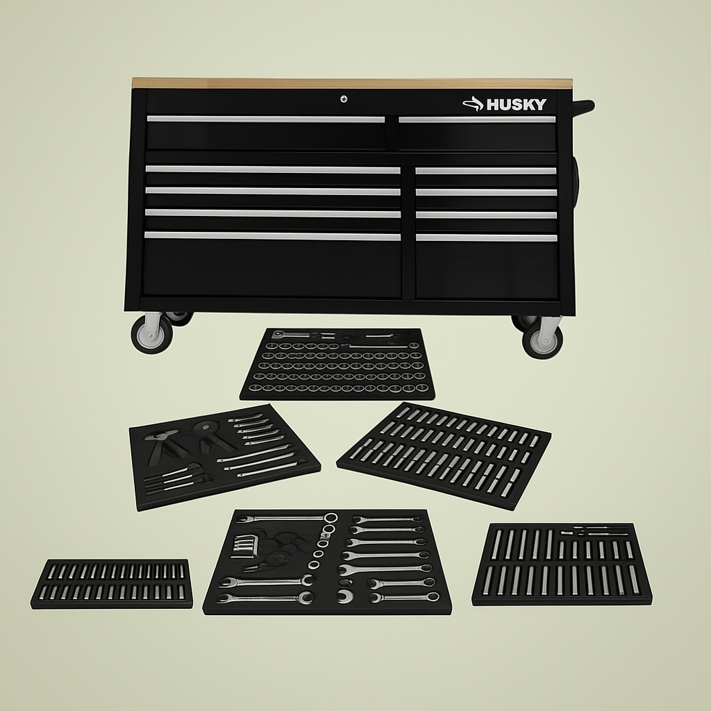 Husky 52 in. 9-Drawer Gloss Black Mobile Workbench Tool Chest with 370-Piece Mechanics Tool Set