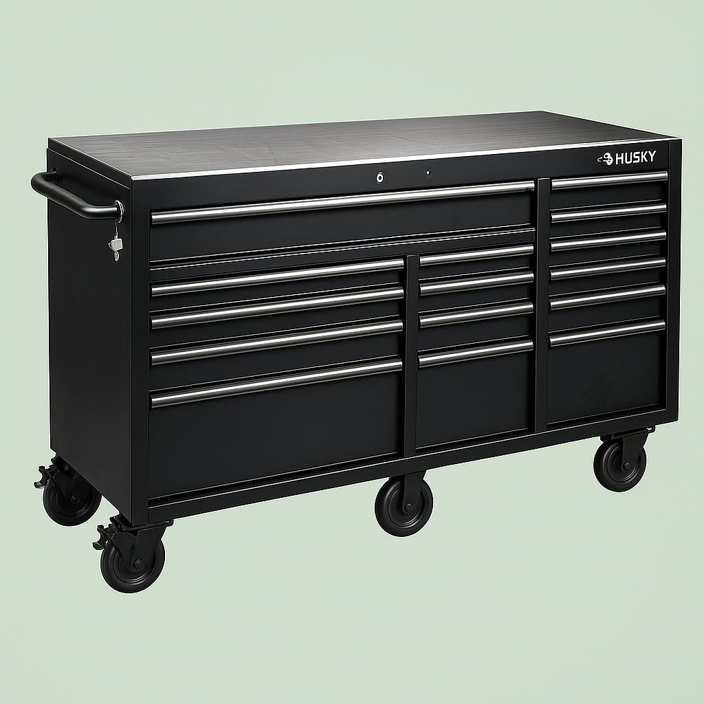 Husky 72 in. Heavy-Duty 15-Drawer Mobile Workbench Cabinet with Stainless Steel Top, Matte Black