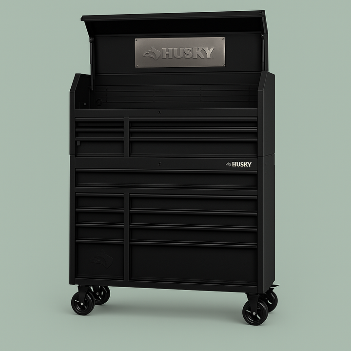 Husky 52 in. W x 21.5 in. D Heavy Duty 15-Drawer Combination Rolling Tool Chest Top Tool Cabinet with LED Light, Matte Black