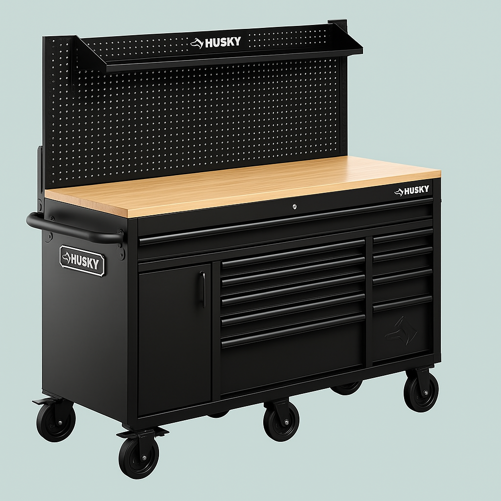 Husky Heavy-Duty 61 in. W 10-Drawer 1-Door Mobile Workbench with Flip-up Pegboard, Matte Black