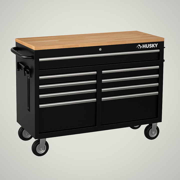 Husky 46 in. 9-Drawer Mobile Workbench in Black with Solid Wood Top