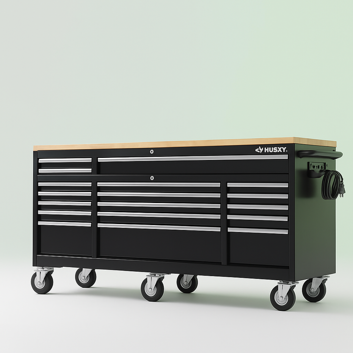 Husky 72 in. 18-Drawer Mobile Workbench Tool Chest in Gloss Black with Hardwood Top