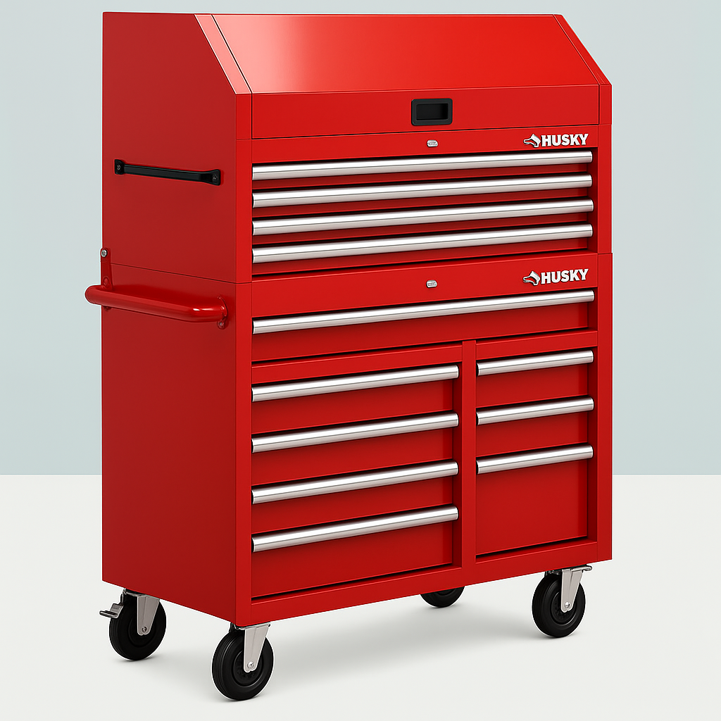 Husky 44 in. W 12-Drawer Deep Combination Tool Chest and Rolling Cabinet Set in Matte Red with Extended Side Table