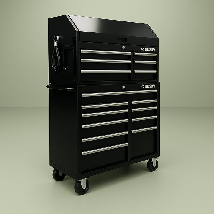 Husky 41 in. W 12-Drawer Deep Combination Tool Chest and Rolling Cabinet Set in Gloss Black with Side Table